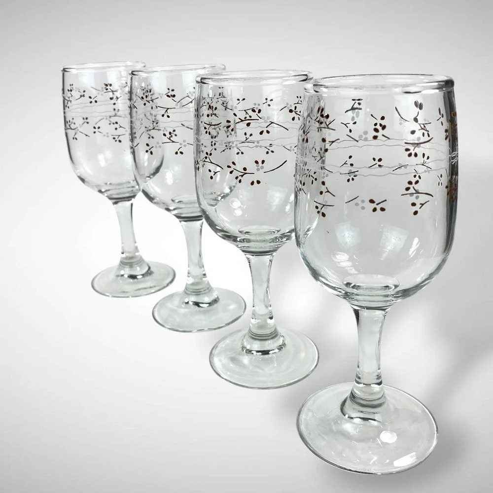 Anchor Hocking Country Accents Hawthorne Wine Glasses Set 4 Floral Goblets 1980s